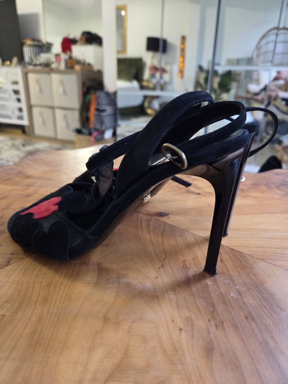 Diane Von Furstenberg Black Suede Stiletto Slingback with Red Accent